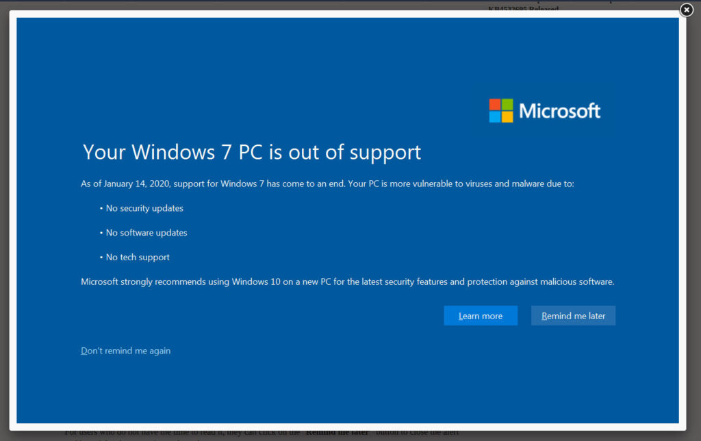Windows 7 Out of Support message